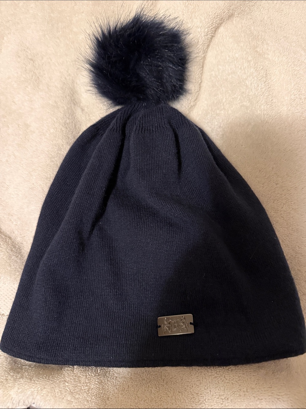 Women's Navy Knit Pom Pom Beanie with Metal Logo